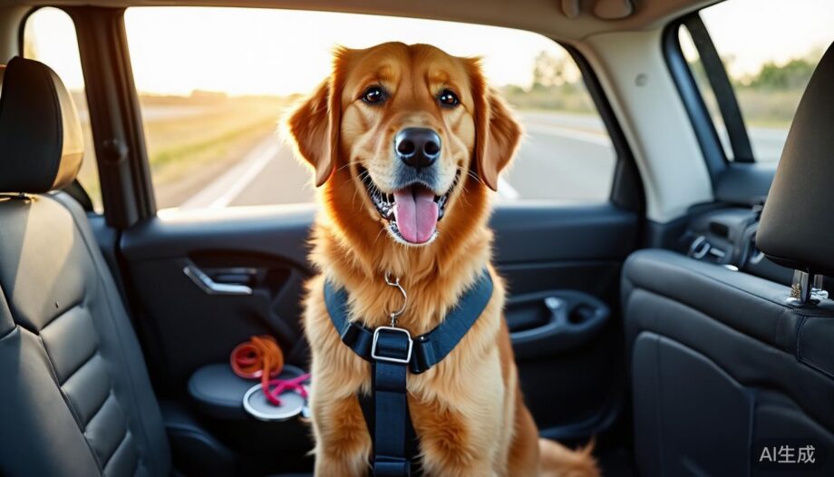 Golden retriever strapped in with a safety harness on a car back seat during a road trip